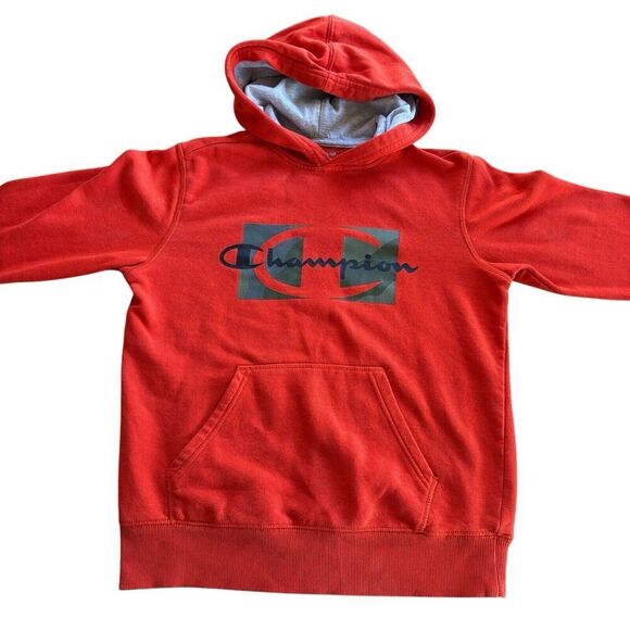 Boys Champion Logo Orange Red Distressed Casual Athletic Sweatshirt Hoodie Sz L - Picture 7 of 12